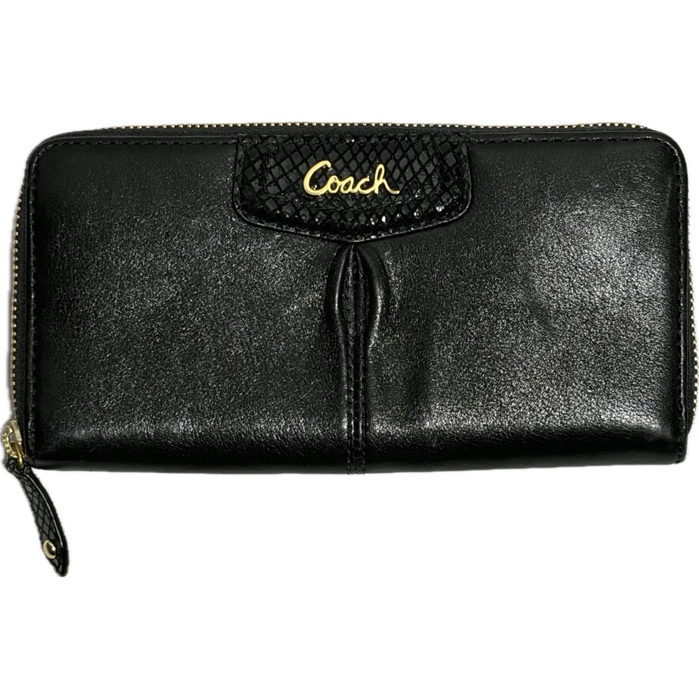 Coach Black Leather Zip Around Accordion Long‎ Wallet Minimalist Clutch